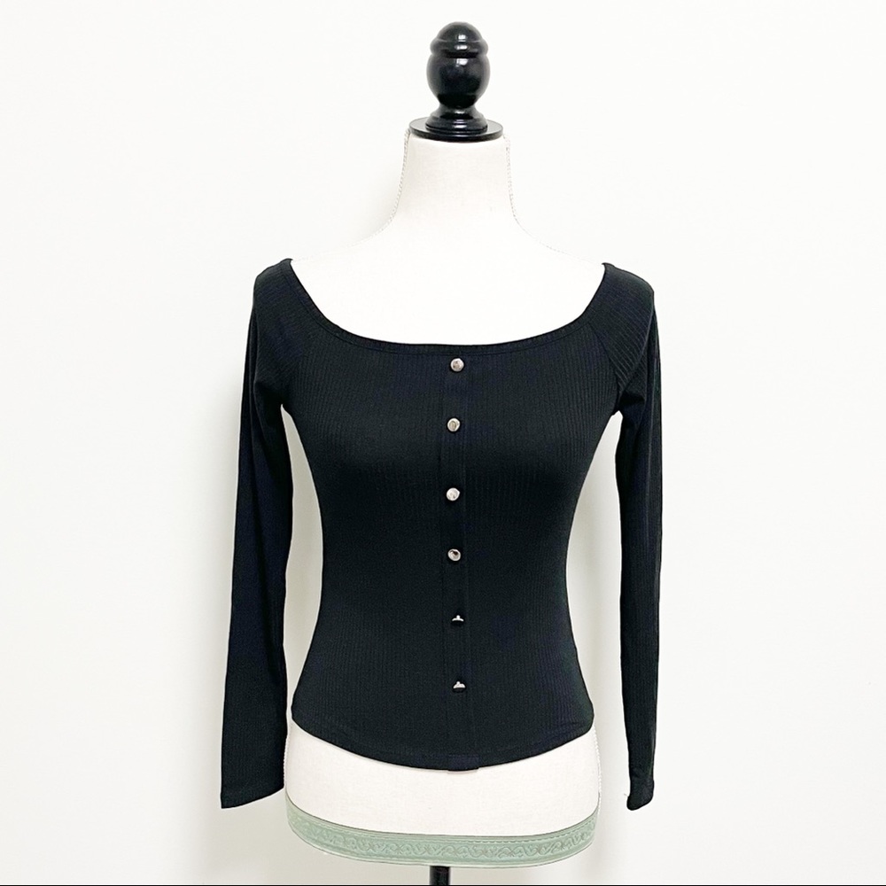Ambiance Black Ribbed Long Sleeve Boat Neck Top NWT Juniors Small Faux Buttons